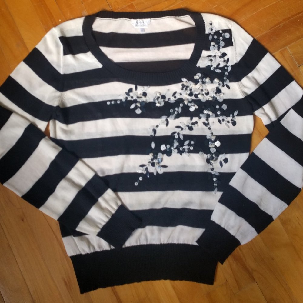 MaxMara Black and Cream Striped Crewneck Sweater with Embellished Floral Detail